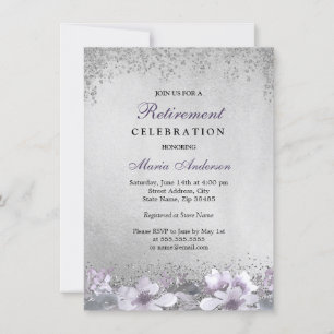 Invitation Fleur violet Argent Shimmer Parti de retraite