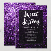 Invitation Fleur violet foncé Sweet 16 élégant script (Devant / Derrière)