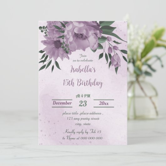 Invitation fleur violet verdure anniversaire botanique (Debout devant)