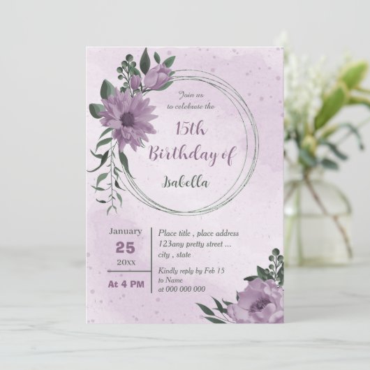 Invitation fleur violet verdure anniversaire botanique (Debout devant)
