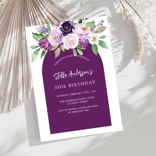 Invitation Fleur violet violet couleur eau anniversaire