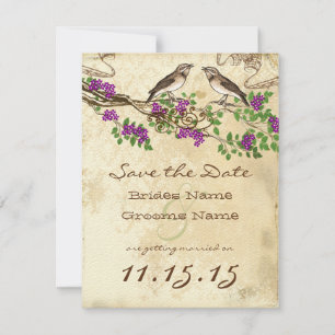 Invitation Fleur violette Branche Vintage Oiseaux Mariage RSV