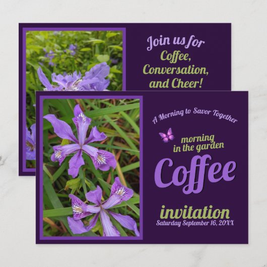 Invitation Fleur Violette Café Matin Jardin Célébration Sip (Devant / Derrière)