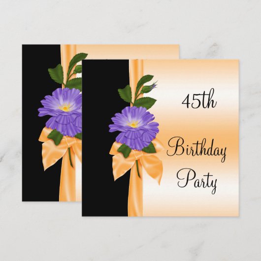 Invitation Fleur Violette Élégante & Ruban Orange 45e (Devant / Derrière)