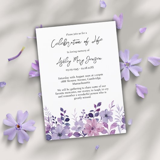 Invitation Fleur violette Fleur Florale Célébration de la vie
