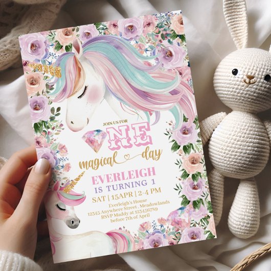 Invitation Fleur violette Unicorne magique 1er anniversaire