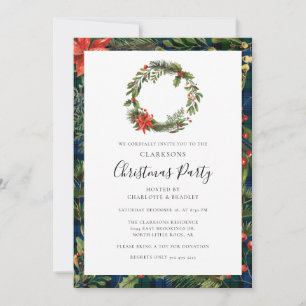 Invitation Fleur Wreath Plaid Christmas Party Tartan