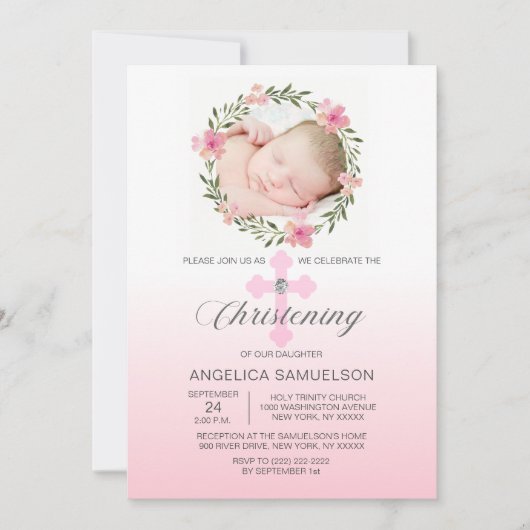 Invitation Fleur Wreath rose CHRISTENING FILLE | PHOTO (Devant)