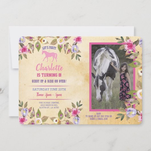 Invitation Fleurale Fête Cheval Poney Rose (Devant)