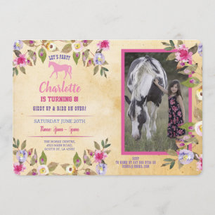 Invitation Fleurale Fête Cheval Rose Poney