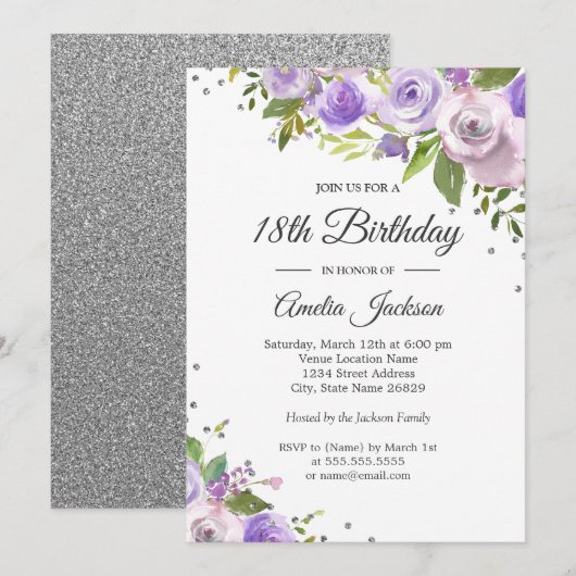 Invitation Fleurie 18 Ans avec Éclat Argent Violet (Devant / Derrière)