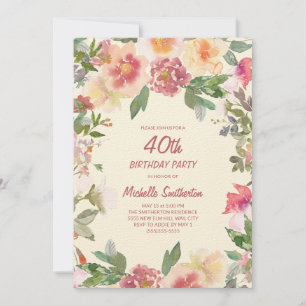 Invitation Fleurie Aquarelle Rose Pêche 40e Annive