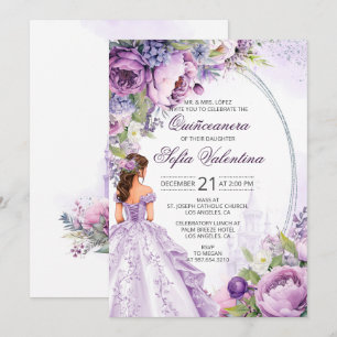 Invitation Fleurie Argent Violet pour Quinceanera