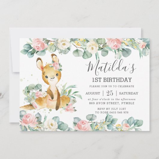 Invitation Fleurie Eucalyptus Cute Kangaroo Anniversaire (Devant)