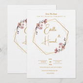 Invitation Fleurie Or et Rose Doux (Devant / Derrière)