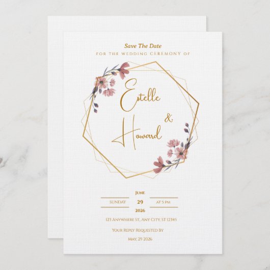 Invitation Fleurie Or et Rose Pâle (Devant / Derrière)