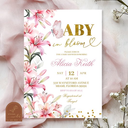 Invitation Fleurie Papillon Bébé Rose en Fleur
