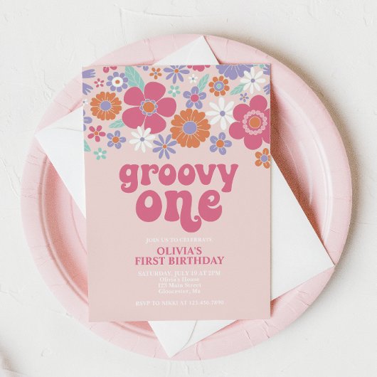 Invitation Fleurie Rose Rétro Groovy