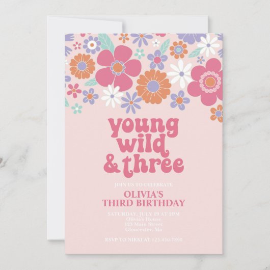 Invitation Fleurie Rose Rétro Young Wild Trois (Devant)