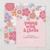 Invitation Fleurie Rose Rétro Young Wild Trois (Devant / Derrière)