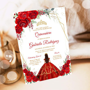 Invitation Fleurie Rouge Or pour Quinceanera