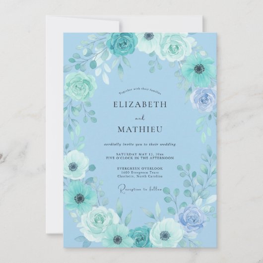 Invitation Fleurir de mariage bleu ciel (Devant)