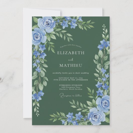 Invitation Fleurir de poussière bleue de mariage (Devant)