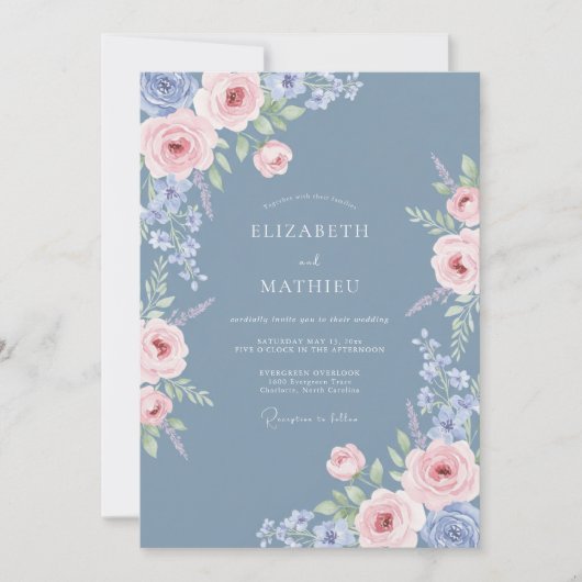 Invitation Fleurir Ethéré Bleu Mariage (Devant)