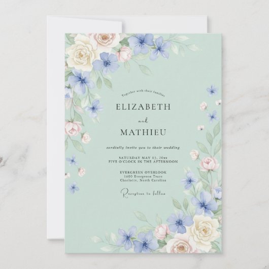Invitation Fleurissement de fleurs bleu pâle pour mariage (Devant)