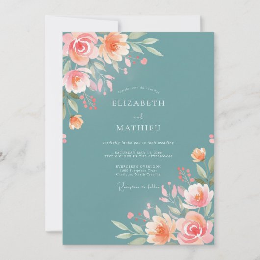Invitation Fleurissement de mariage de pêche sarcelle (Devant)