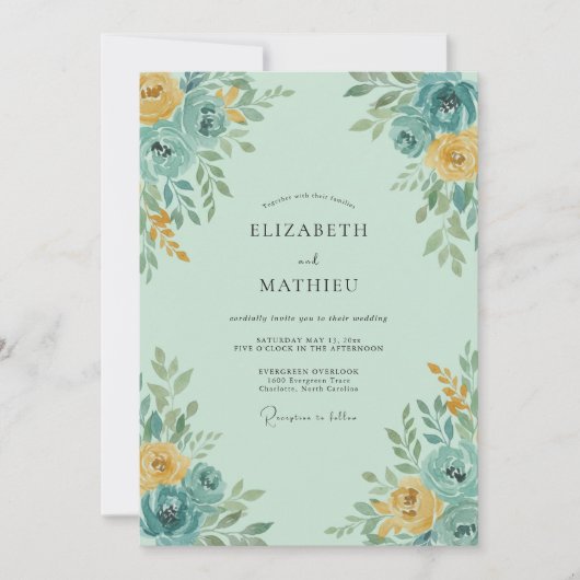 Invitation Fleurissement de mariage jaune sarcelle (Devant)