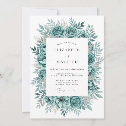 Invitation Fleurissement de Teal Mariage (Devant)
