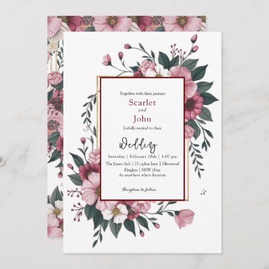 Invitation Fleuron bordeaux rose rousse (Devant / Derrière)