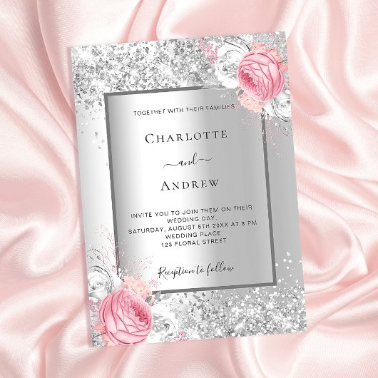 Invitation Fleuron rose argent blanc fleuris mariage de luxe