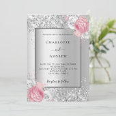 Invitation Fleuron rose argent blanc fleuris mariage de luxe (Debout devant)