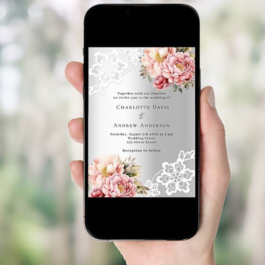 Invitation Fleuron rose argent mariage de luxe