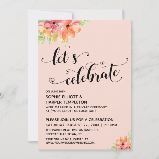 Invitation Fleurons Célébrons les Cœurs Script Floral Rose Pâ (Devant)