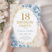 Invitation Fleurs 18e anniversaire bébé bleu or