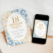Invitation Fleurs 18e anniversaire bébé bleu or