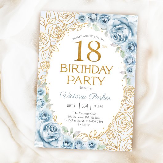 Invitation Fleurs 18e anniversaire bébé bleu or