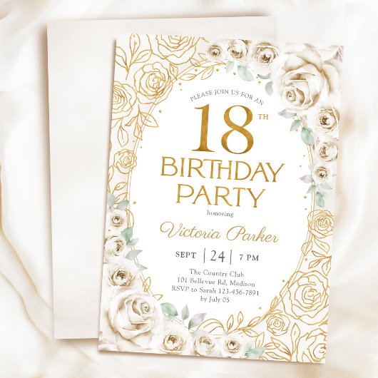 Invitation Fleurs 18e Anniversaire Crème Or