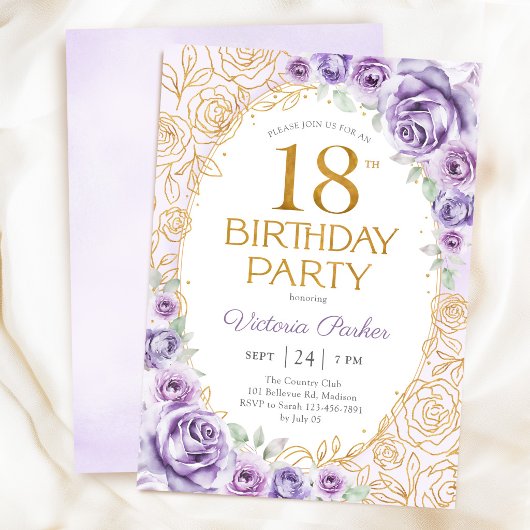 Invitation Fleurs 18e Anniversaire Lilas Violet Or
