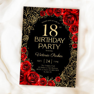 Invitation Fleurs 18e Anniversaire Rouge Noir Or