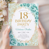Invitation Fleurs 18e Anniversaire Turquoise Or