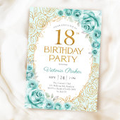 Invitation Fleurs 18e Anniversaire Turquoise Or