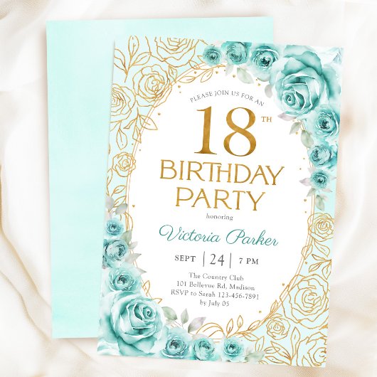 Invitation Fleurs 18e Anniversaire Turquoise Or