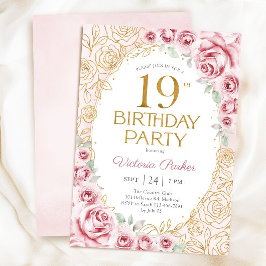 Invitation Fleurs 19e Anniversaire Rose Pâle Or