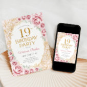 Invitation Fleurs 19e Anniversaire Rose Pâle Or