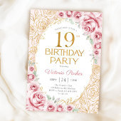 Invitation Fleurs 19e Anniversaire Rose Pâle Or