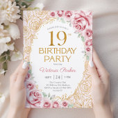 Invitation Fleurs 19e Anniversaire Rose Pâle Or